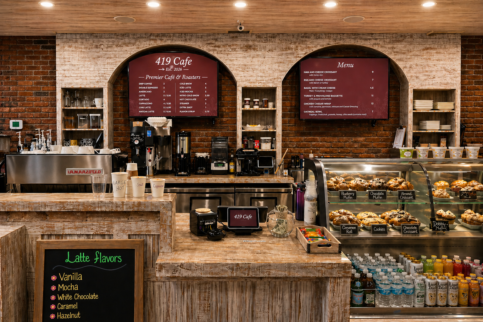 419 Café counter with menu boards, espresso machine, and pastry case