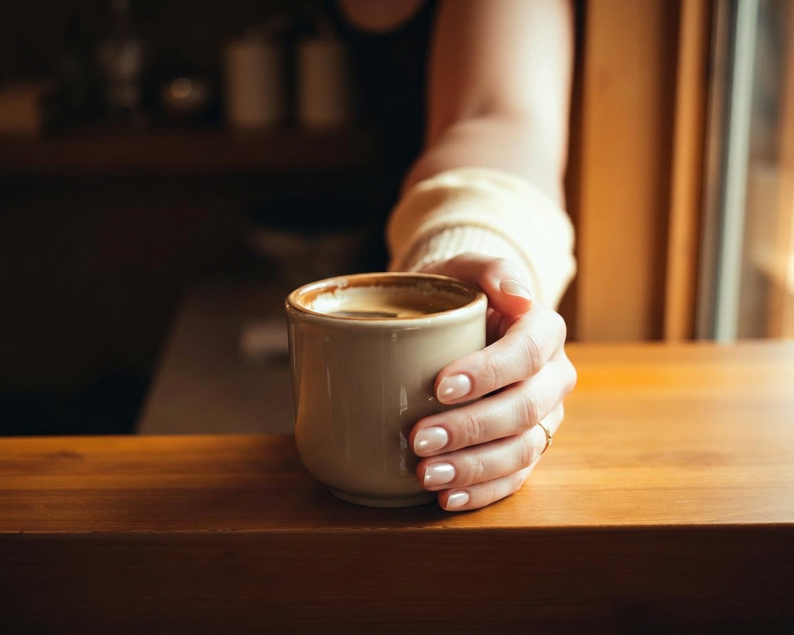 Hands cradling a warm ceramic coffee cup at 419 Café
